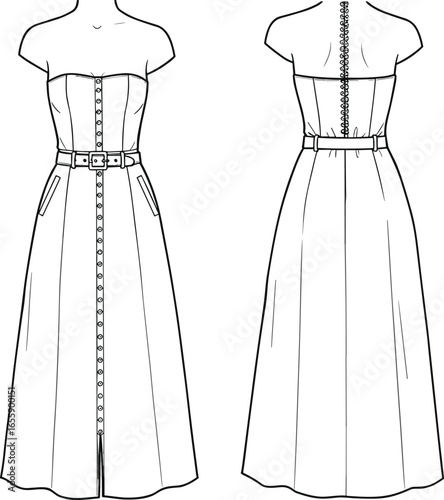 Strapless maxi dress with cap sleeves technical fashion sketch, full button placket, belted waist, and corset back CAD, flat vector illustration