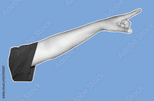 Close up of arms gesture pointing pixelate grayscale color halftone dotted texture style collage element isolated on blue background
