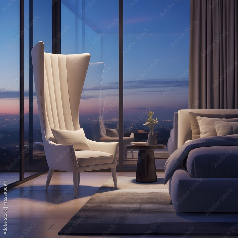 Obraz premium Beach hotel lounge area with comfortable chairs and tables