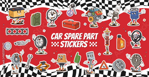 Car spare parts groovy characters stickers. Vector cartoon patches of the auto components like battery, speedometer, car key, engine and spark plug. Oil filter, gasket, headlight automotive personages