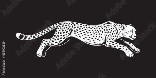 stylized cheetah in motion vector art with spots and striped tail minimal monochrome wildlife graphic