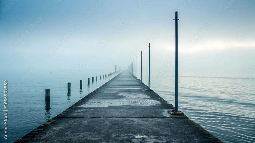 Obraz premium A surreal path of poles disappearing into the calm sea horizon with foggy atmosphere.