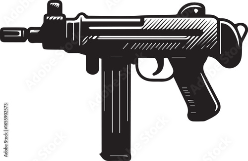 black and white submachine gun vector art with three dimensional shading and contour lines perfect for military security