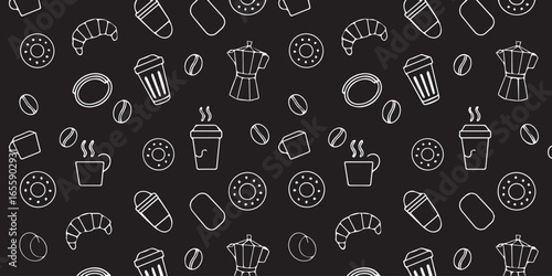coffee and pastries vector pattern with cups beans donuts croissants moka pots capsules seamless background packaging