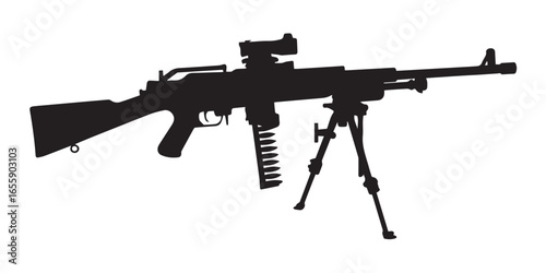 black silhouette vector of tripod mounted machine gun with bullet belt military defense design element
