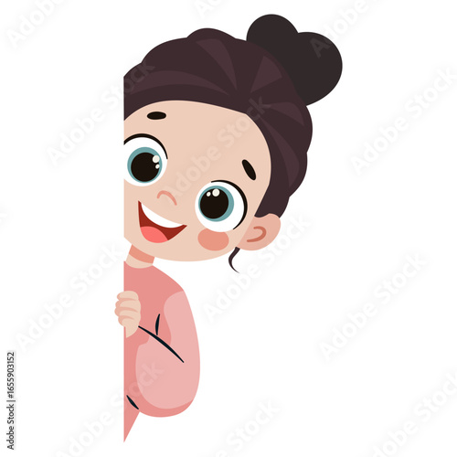 Flat vector illustration in a simple children's style. A cute little girl laughs and peeks out from behind a wall on a white background. Vector illustration