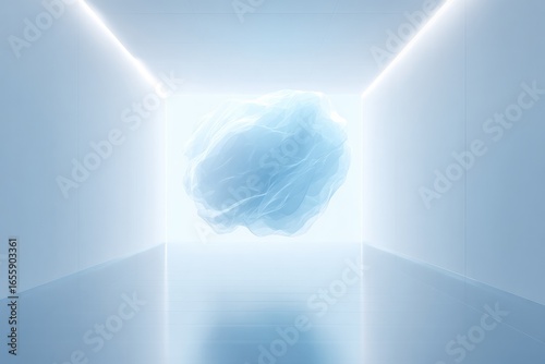 Ethereal cloud floats in bright space, illuminated by soft, ambi