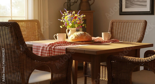 Cozy Dining Room Scene with Table Set for Breakfast, Bread and Flowers