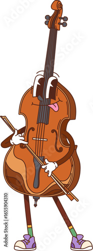 Cartoon groovy violin or cello musical instrument character. Isolated vector fiddle or violoncello y2k personage playing classic music with a bow. Musician equipment with smiling face and funky vibe