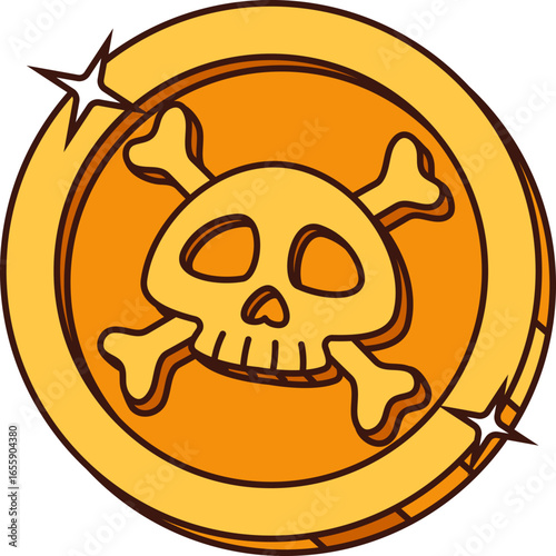 Cartoon groovy pirate golden coin with skull engraving. Isolated vector ancient doubloon, shiny yellow ducat. Fantasy treasure, fairytale object, game asset, small round piece of metal, made from gold