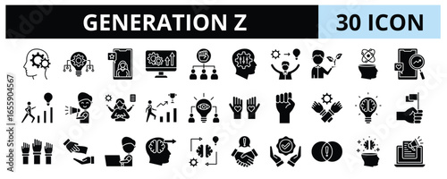 30 Generation Z Glyph Icons Vector - Influencer, Adaptive, Expressive, Trendsetter, Multitasking, Idealistic, Digital Native