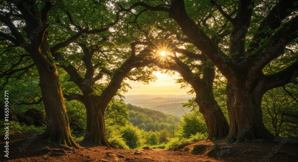 Fototapeta premium Sunbeam Gate Trees frame hilltop vista at sunset Dreamy with nature escape.