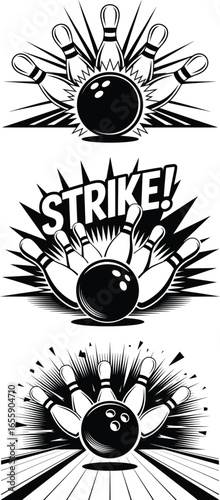 Bowling Strike Vector Set, Dynamic Ball and Pins Black and White Illustrations.
