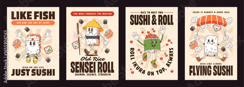 Cartoon funny groovy sushi and roll characters posters for Japanese cuisine, vector set. Retro posters with groovy sushi characters, sensei salmon roll with chopsticks, caviar and rice with happy face