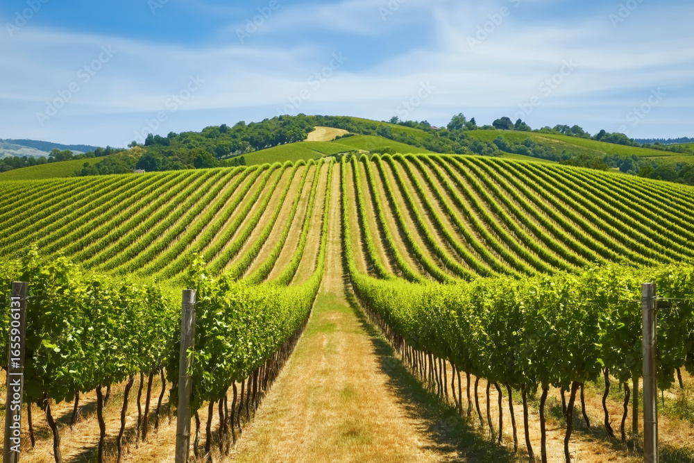Fototapeta premium Symmetrical Green Vineyard on Rolling Hills