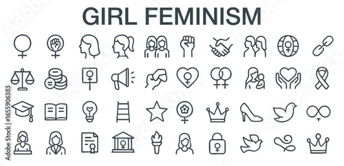 Feminism and Women Empowerment Vector Line Icon Set