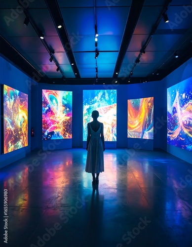 Fototapeta Naklejka Na Ścianę i Meble -  Woman in art gallery, vibrant colors, modern space