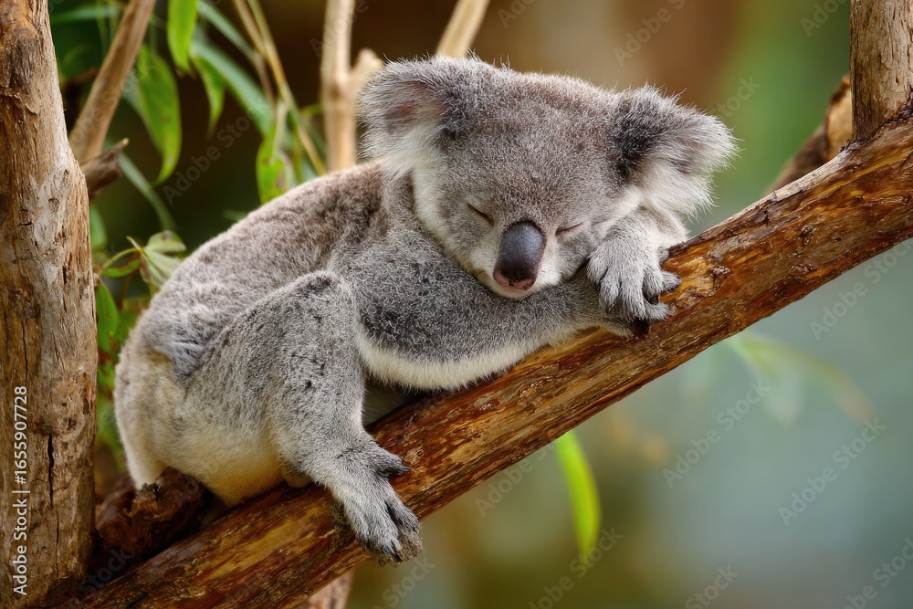 Fototapeta premium Adorable Koala Sleeping Peacefully on a Brown Tree Branch in a Lush Green Forest Under Sunlight Featuring Soft Grey Fur and Fluffy Ears