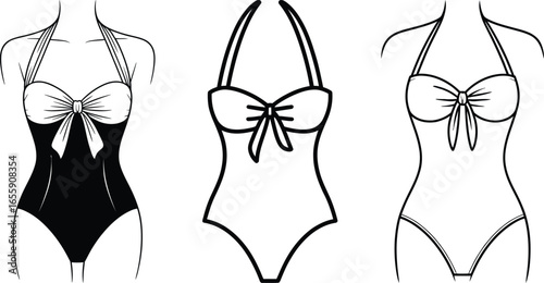 Three stylish one piece swimsuits with bow details displayed on mannequins