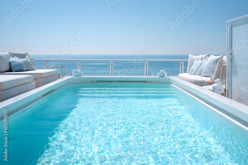 Private pool overlooking the ocean with modern luxury villa.