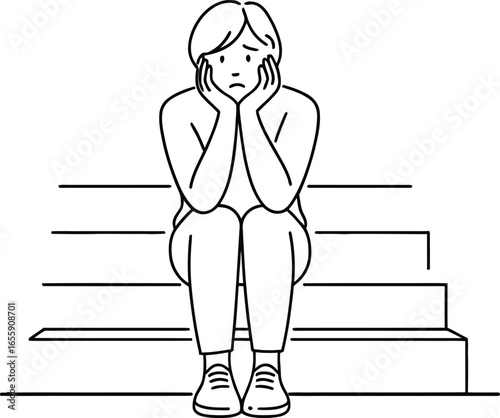 Young woman sitting on steps with worried expression