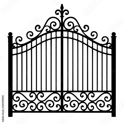 wrought iron gate , Beautiful Gate Silhouette – Black SVG Vector Isolated on White Background