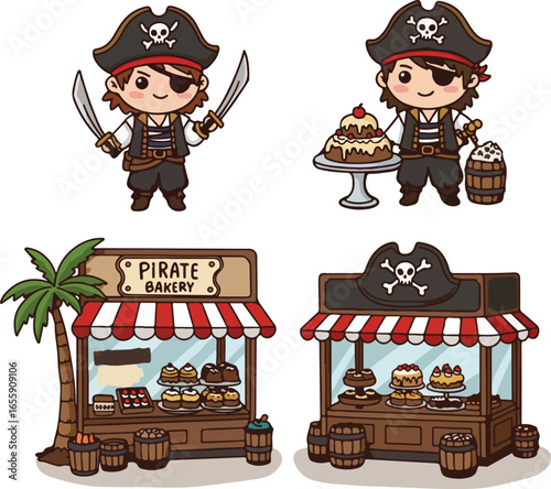 Kawaii pirate theme businesses in cute illustration style for Talk Like a Pirate Day