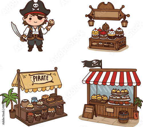 Kawaii pirate theme businesses in cute illustration style for Talk Like a Pirate Day