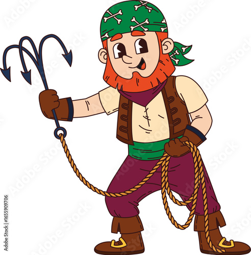 Cartoon groovy pirate corsair character holds a grappling hook. Isolated vector rugged sailor personage with green bandana and red bushy beard, ready for action, standing with a determined expression