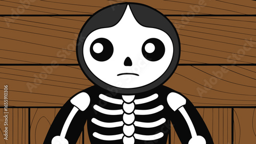 A humorous vector illustration shows a funny man skeleton character celebrating Halloween