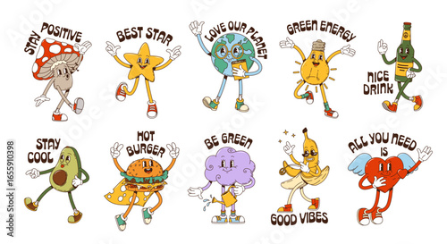 Retro y2k groovy stickers with vintage cartoon cute characters. Vector psychedelic heart, mushroom, drink bottle and star emojis. Y2k groovy burger, Earth globe, light bulb and banana stickers set