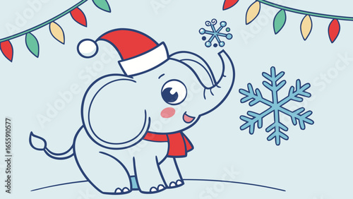 Blue Christmas cartoon illustration with a funny  elephant wear Christmas hat, light blue background