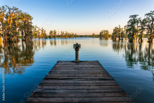 Billede på lærred Fishing pier at Lake Martin, Cypress Island Preserve, Cypress swamp scenic lands