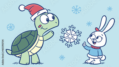 Blue Christmas cartoon illustration with a funny turtle wearing a Christmas hat and a rabbit, light blue background
