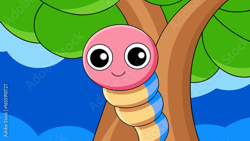 A cute, funny cartoon illustration of a happy colorful worm
