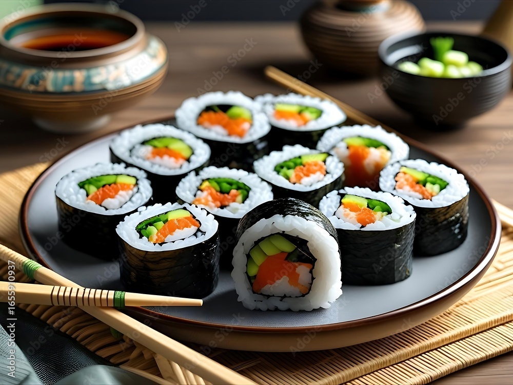 Sushi rolls with salmon and avocado on a plate, Japanese cuisine Sushi rolls with salmon and avocado on a plate, Japanese cuisine