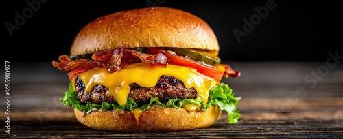 Close Up Cheeseburger with Bacon Lettuce Tomato and Pickles on Wood Surface in Dark Background with Delicious Patty and Melted Cheese