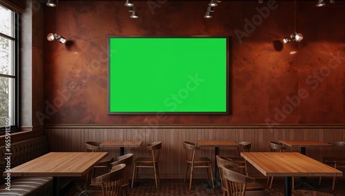 A restaurant interior mockup showcasing a large empty green screen display on a russet-toned wall.