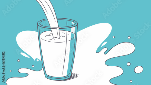 A cold, healthy drink of fresh milk is being poured into a glass, creating a splash