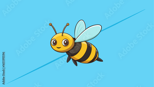 A funny cartoon bee with yellow and black stripes is flying, its tiny wings buzzing in the vibrant nature illustration