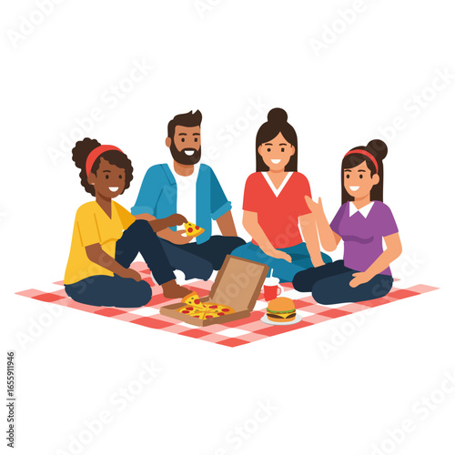 Group of friends sitting and eating pizza and burgers on a picnic on a white background