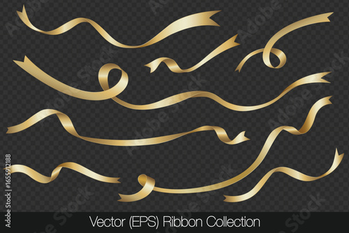 Realistic set of golden ribbons isolated on a transparent background, featuring curved ribbons in different lengths, twists, and shapes. Vector illustration for holiday decorations and graphic project
