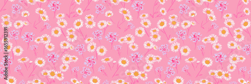 Seamless floral vector pattern with white daisies and tiny wildflowers on a pink background. Perfect for spring textiles, wrapping paper, and feminine designs