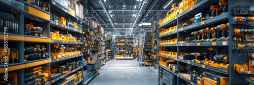 Isle view of tools and equipment on shelves in a hardware store warehouse