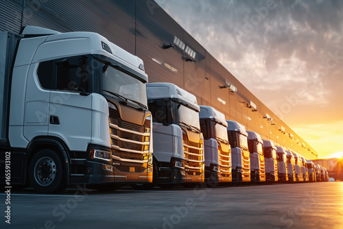 Line of modern white semi-trailer trucks parked outside a large warehouse at sunset under a cloudy sky