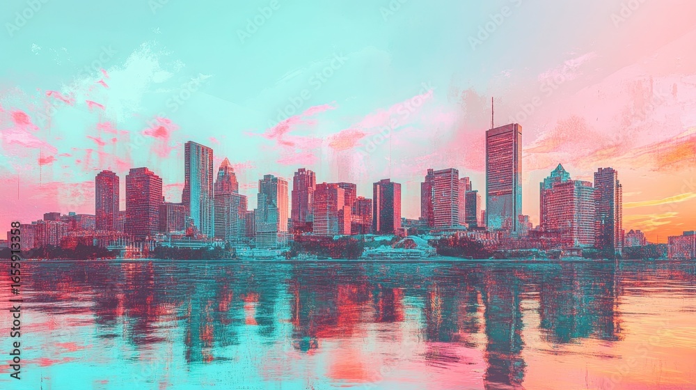 Fototapeta premium Vibrant Urban Skyline Reflection at Sunset with Colorful Clouds