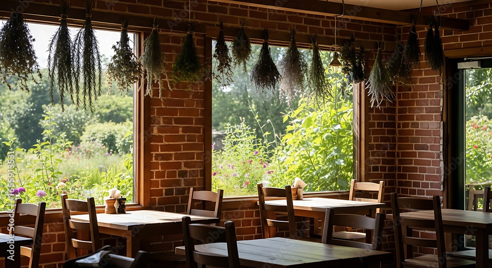 Fototapeta premium Rustic cafe interior with brick walls, herb decorations, and a garden view
