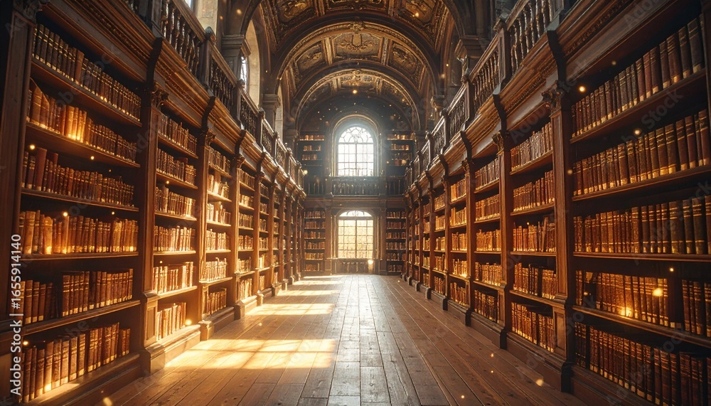 Fototapeta premium realistic, wide-angle shot of an ancient library filled with glowing, magica 