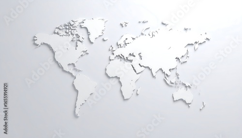 Minimalist world map in white, casting soft shadows on a light gray background