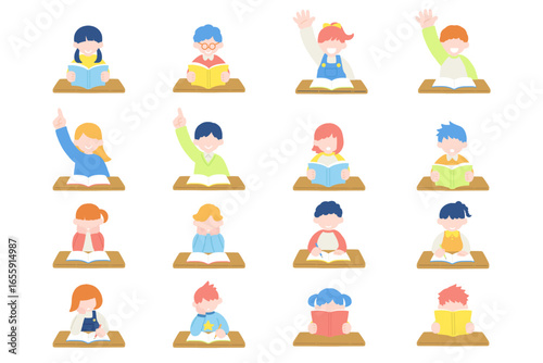机で勉強をするこども達のフラットなイラスト(セット)
